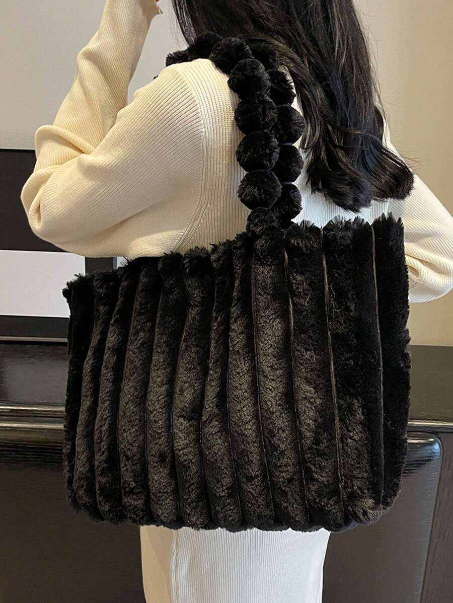 Large Capacity Plush Tote Bag, Shoulder Bag, Women's Fashion Handbag & Satchel Purse For Winter Fluffy Shoulder Bag,New Autumn And Winter Women Bag, Best Fall Purse, New Arrival Fur Purse - Black - View 1