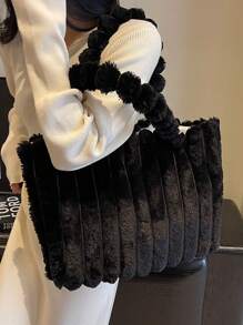 Large Capacity Plush Tote Bag, Shoulder Bag, Women's Fashion Handbag & Satchel Purse For Winter Fluffy Shoulder Bag,New Autumn And Winter Women Bag, Best Fall Purse, New Arrival Fur Purse - Black - View 3