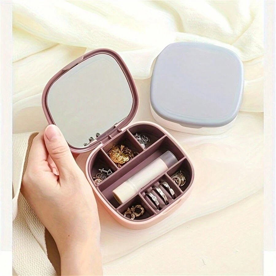1 Miếng Phong cách Bắc Âu Màu sắc Chặn Gương mỹ phẩm Hộp đồ trang sức Với 7 Ngăn , Có thể mang đi Lớp đơn Hoa tai Nhẫn Son môi Hộp lưu trữ - Hồng - Xem 1