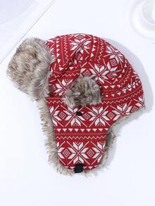 1 顶红色雪花印花保暖内衬雷锋帽圣诞帽 - 彩色 - 查看 4