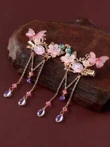 2入組女性風髮飾流蘇和蝴蝶夾,漢服專用 - 彩色 - 查看 2