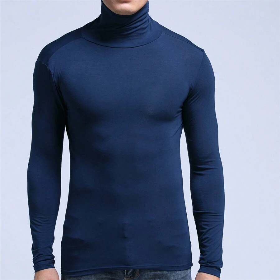 1 件男式莫代爾半高領保暖內衣打底,修身長袖襯衫,適合秋季 - 寶藍色 - 查看 1