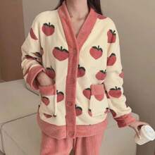 1 件柔軟蓬鬆長袍,烏龍濤圖案女款厚實保暖家居服套裝 - 珊瑚粉 - 查看 3