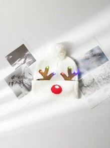 1件通用冬季針織帽子,帶燈效應,可愛的毛球帽（內置按鈕電池）,適用於派對 - 彩色 - 查看 2