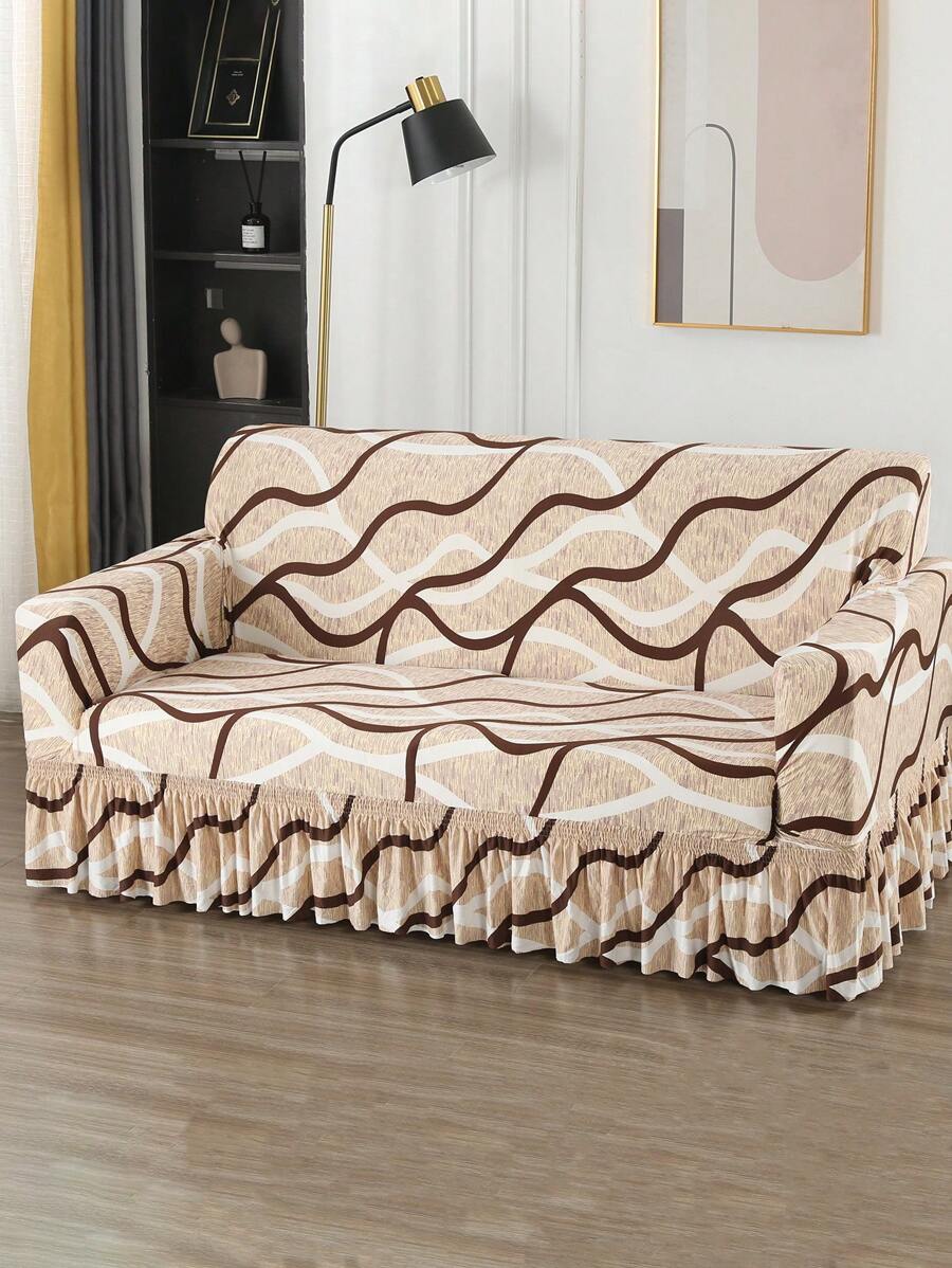 1pc Elastic Sofa Cover With Skirt - Khaki - View 1