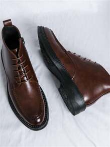 Men's Pointed Toe British Style Flat Heel High Top Motorcycle Boots For Autumn And Winter - Brown - View 2