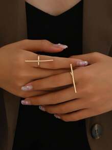 2pcs European & American Style Minimalist Stainless Steel Rings For Ladies' Casual & Fashionable Street Charm - Gold - View 4