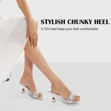 Women's Fashion Rhinestone Square Heeled Sandals Slip On Peep Toe Chunky Block Heels Mules Slippers Slides Sexy Wedding Party Dress Backless Pump - 銀色 - 查看 3