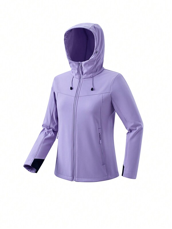 Women's Hooded Solid Color Raglan Sleeve Thermal Lined Windproof Water-Repellent Outdoor Softshell Jacket For Hiking, Purple