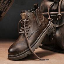 Men's Vintage Style Elevator Work Boots With Thick Sole And High Top, Pu Leather Material, British Style, Autumn - Brown - View 2