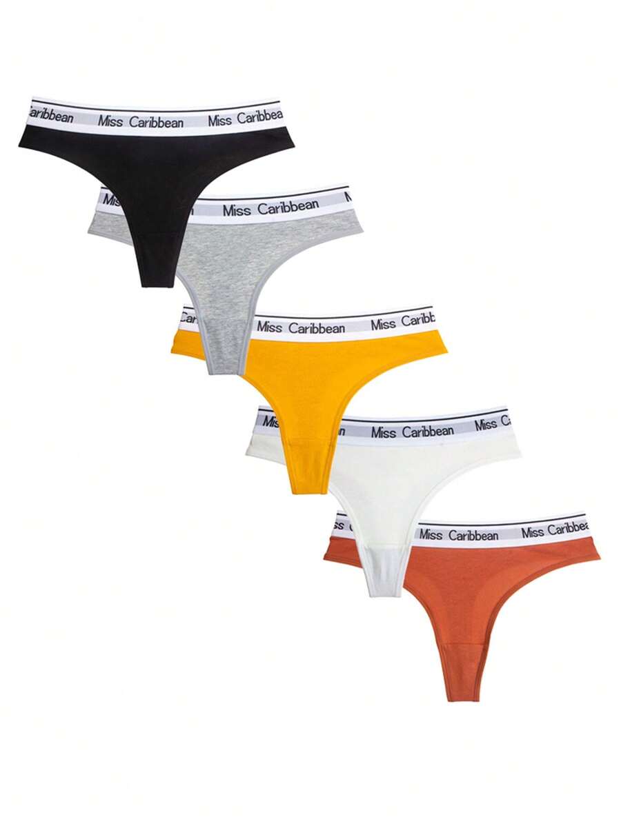 5入組女式性感運動健身內褲,寬鬆腰帶,字母印花,低腰丁字褲