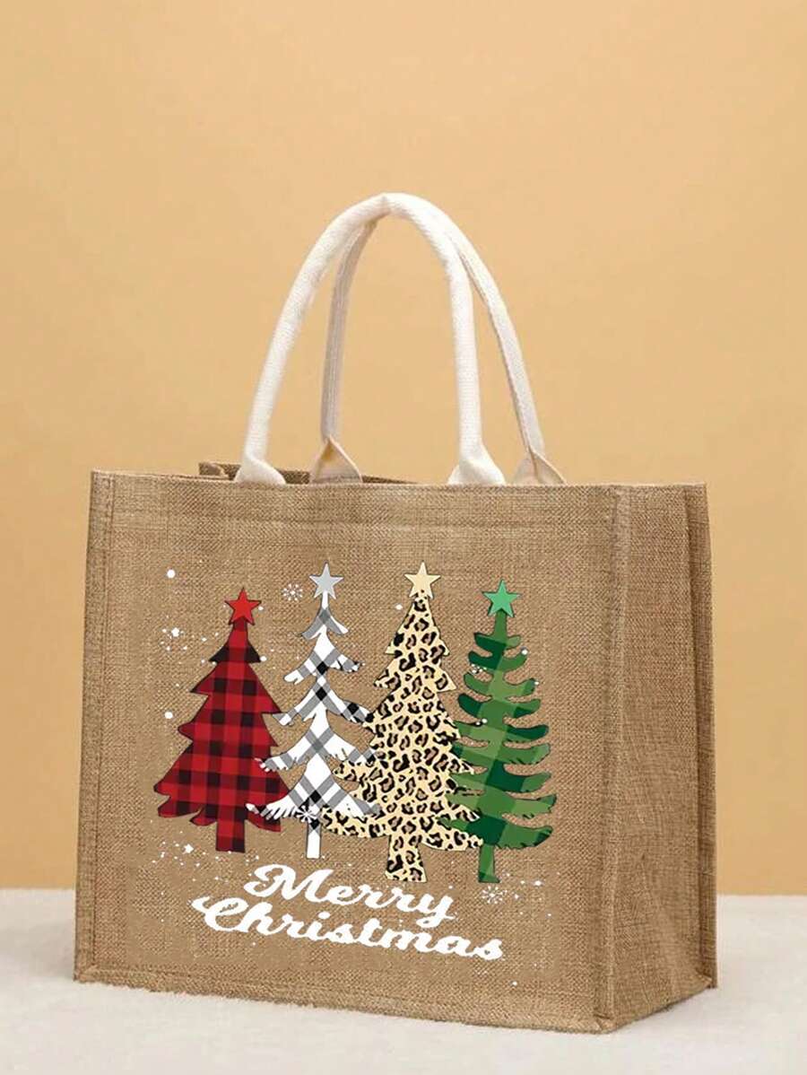聖誕字母圖案亚麻托特包,大女性休閒聖誕樹亚麻托特包可重複使用多用途購物食品雜貨袋適用於戶外,聖誕亚麻托特包適合女士審美的聖誕節快樂托特包沙灘包禮物適合女士老師包聖誕禮物 - 卡其色 - 查看 1