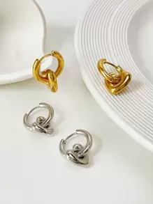 2pcs Titanium Steel Heart-shaped Glossy Short Earrings For Women - Silver - View 5