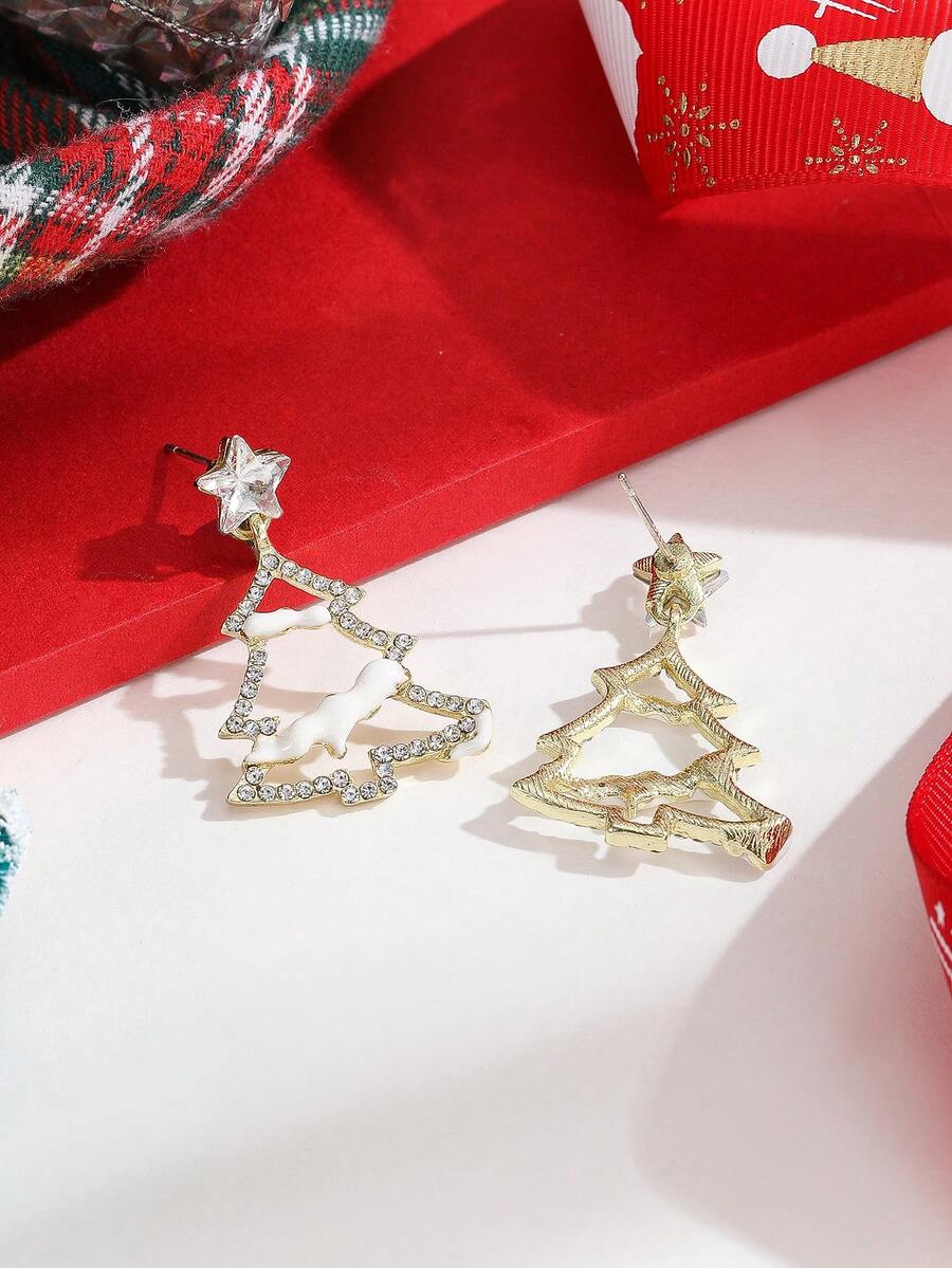1對女性休閒聖誕星、聖誕樹形狀鑲嵌水晶耳環,節日禮物