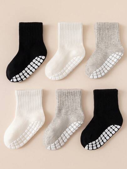 جوارب أرضية للأطفال بالنسيج المسامي مع نعل مضاد للانزلاق و بدون خياطة هياكل عظمية6أزواج/مجموعة للرياضات الرضع، تركيبة اللون أبيض وأسود ورمادي