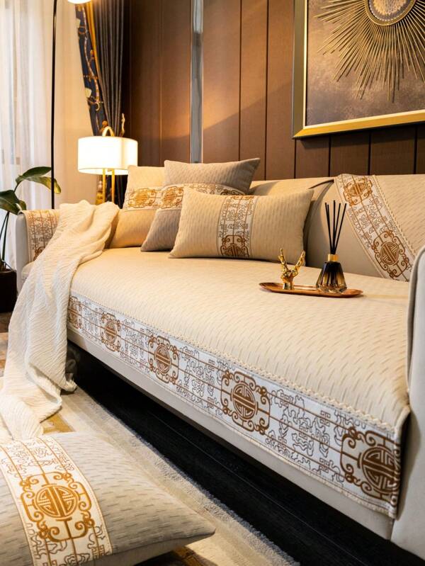 1 Pièce Couverture De Canapé En Chenille Anti-dérapante En Forme De Flocon De Neige En Beige, Nouveau Style Chinois, Entièrement Adaptée Pour Le Salon, Toutes Saisons