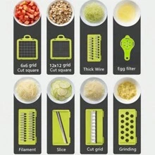 1套蔬菜洋蔥切割器，備有8片刀片的廚房食品切割器，附有容器的切割器，馬鈴薯切片器，廚房切絲機，蔬菜切絲機 - 灰色 - 查看 3