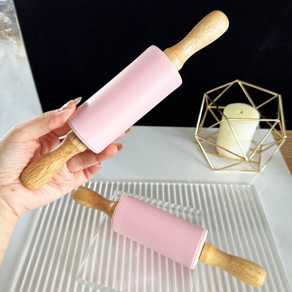 1pc Silicone Rolling Pin With Wooden Handles Non-stick Dough Roller For Baking And Cooking