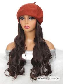 帽子假髮女合成長捲髮假髮時尚貝雷帽假髮秋冬帽子耐熱纖維 - Dark Brown - 查看 2