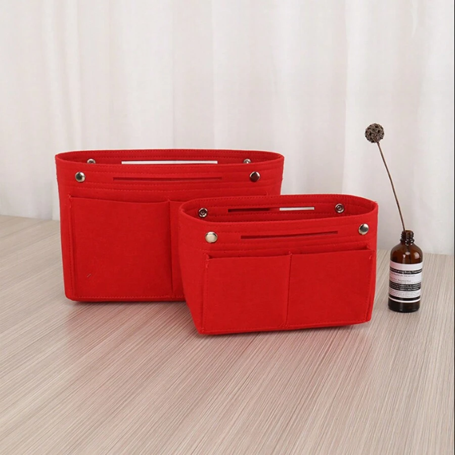 2pcs/Set Felt Inner Bag Cosmetic Bag Toiletry Organizer Insert Pouch, Medium & Large Size Storage Bag Liner Bag Liner Package Sleeve Bag - Red - View 1