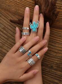 10入組西部牛仔復古風琥珀和仙人掌設計時尚戒指套裝,適合女性日常穿戴