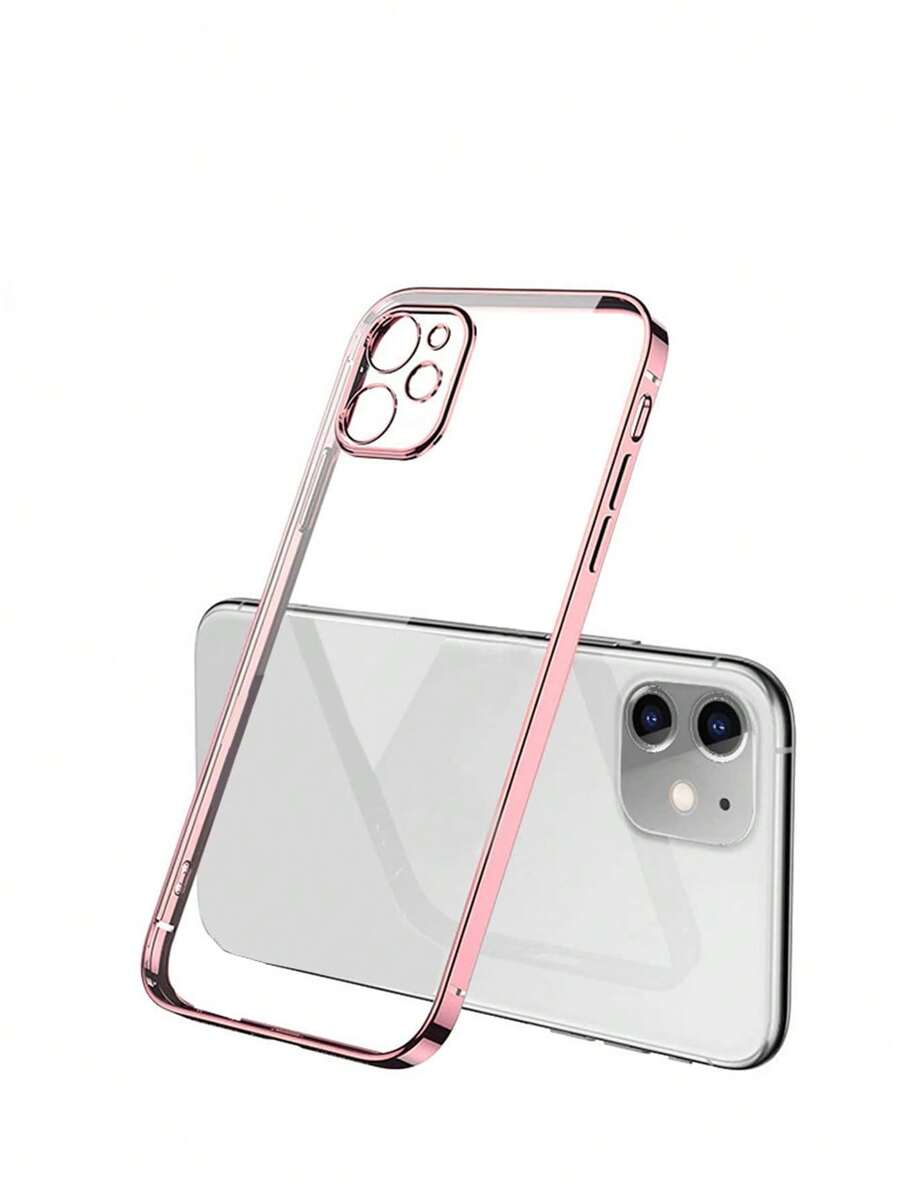 1 pieza de funda de teléfono transparente de TPU suave y unicolor, carcasa de borde recto con plating y orificio de precisión compatible con iPhone - Rosa - Ver 1