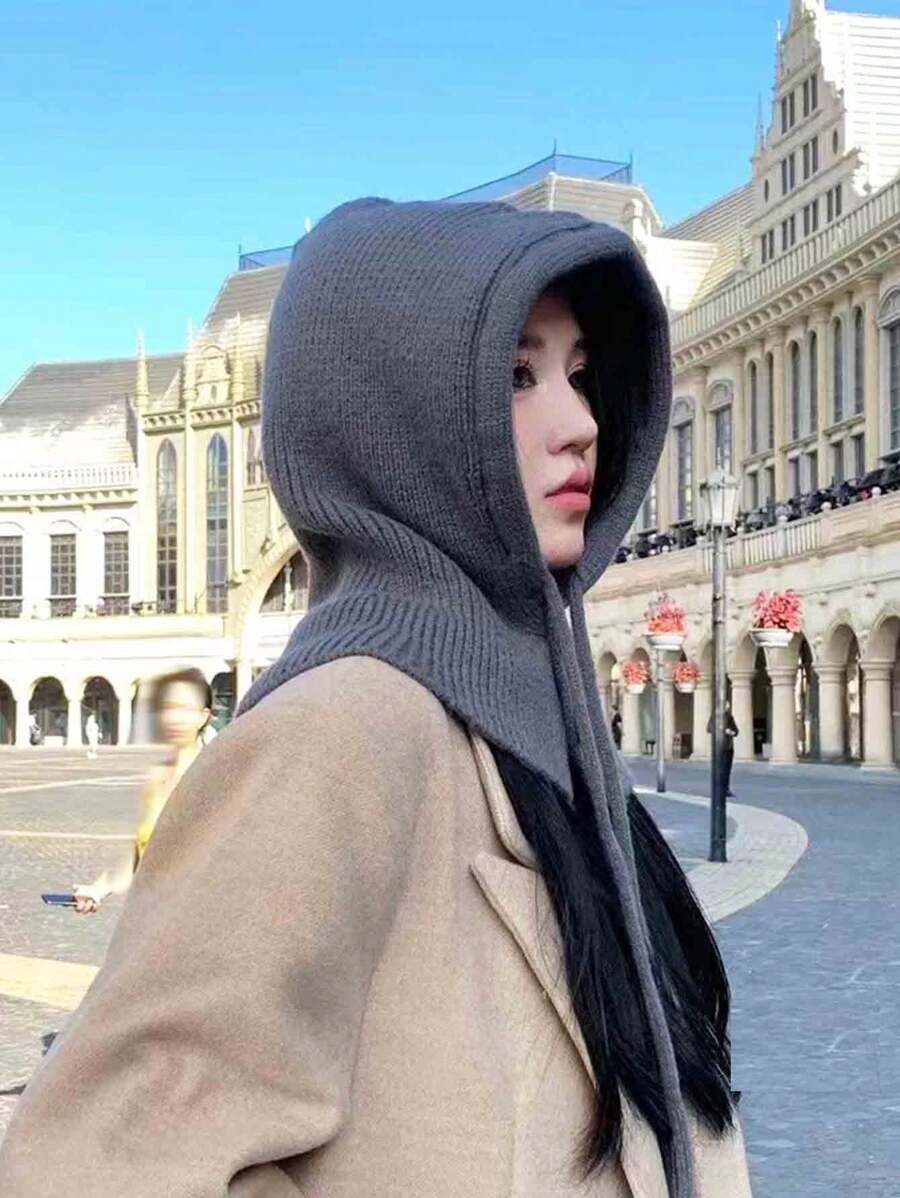 1頂男女通用灰色加厚保暖遮臉帽,帶扣釦,圍巾和帽子組合適用於情侶,適合戶外旅行冬季使用 - 灰色 - 查看 1