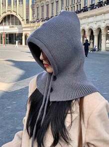 1頂男女通用灰色加厚保暖遮臉帽,帶扣釦,圍巾和帽子組合適用於情侶,適合戶外旅行冬季使用 - 灰色 - 查看 2