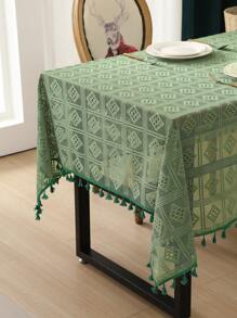 1 Pieza Mantel De Mesa A Cuadros Verde Oliva Con Decoración De Borlas, Paño De Mesa De Café De Fibra De Poliéster - Verde Oliva - Ver 9