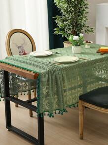 1 Pieza Mantel De Mesa A Cuadros Verde Oliva Con Decoración De Borlas, Paño De Mesa De Café De Fibra De Poliéster - Verde Oliva - Ver 5