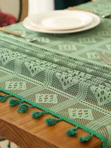 1 Pieza Mantel De Mesa A Cuadros Verde Oliva Con Decoración De Borlas, Paño De Mesa De Café De Fibra De Poliéster - Verde Oliva - Ver 4