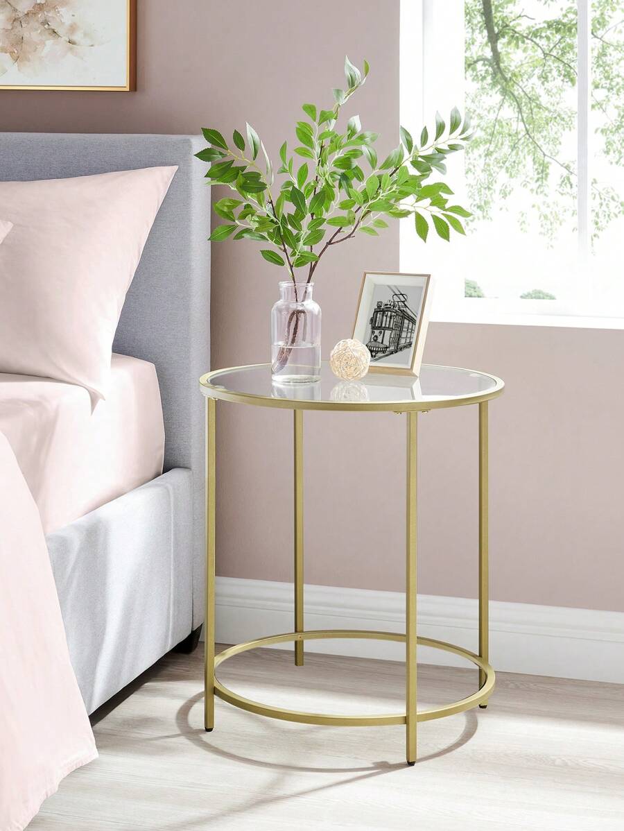VASAGLE Round Side Table, Glass End Table With Metal Frame, Gold Coffee Table With Modern Style For Living Room, Balcony, Bedroom - Gold - View 1
