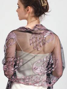 優美的圍巾,重珠釘帶魚花繡圖案圍巾,手工花邊流蘇披肩頭部蓋頭帶派對婚禮包覆花卉長頸巾舞蹈圍巾 - 粉色 - 查看 2