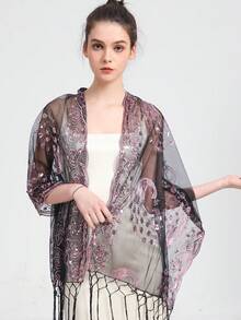 優美的圍巾,重珠釘帶魚花繡圖案圍巾,手工花邊流蘇披肩頭部蓋頭帶派對婚禮包覆花卉長頸巾舞蹈圍巾 - 粉色 - 查看 1