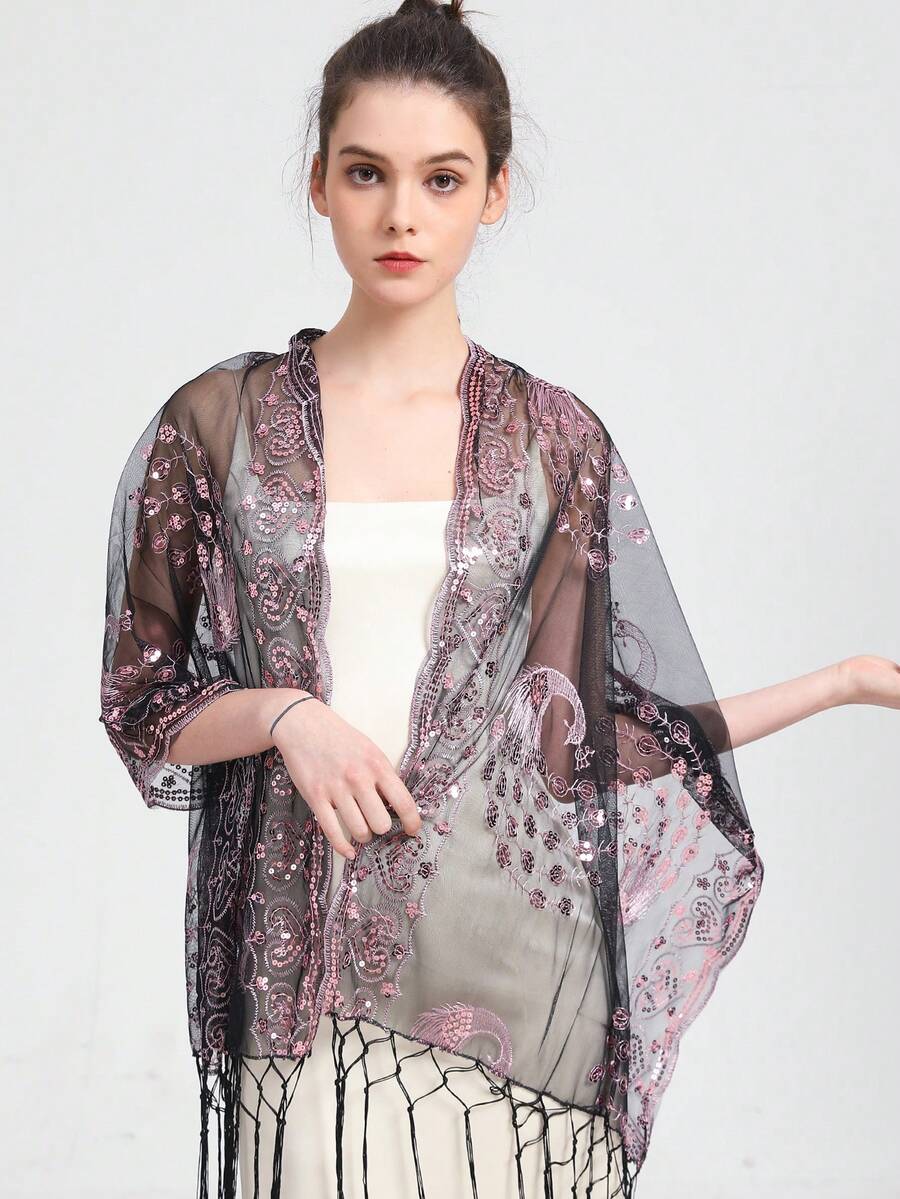 優美的圍巾,重珠釘帶魚花繡圖案圍巾,手工花邊流蘇披肩頭部蓋頭帶派對婚禮包覆花卉長頸巾舞蹈圍巾 - 粉色 - 查看 1