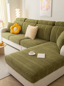 1pc Velvet Sofa Slipcover, Striped Spandex Couch Cover Protector, Double-sided Available, Winter Festival Decoration, Suitable For Various Size Sofas - Green - View 1