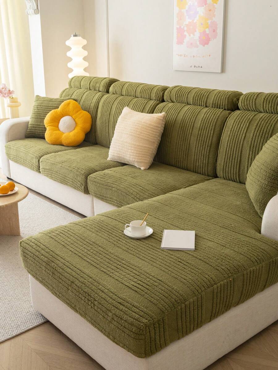 1pc Velvet Sofa Slipcover, Striped Spandex Couch Cover Protector, Double-sided Available, Winter Festival Decoration, Suitable For Various Size Sofas - Green - View 1