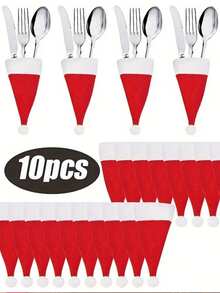 10入組聖誕老人帽餐具袋,桌面餐具口袋,刀叉袋,聖誕派對酒瓶裝飾,適用於家庭餐廳裝飾