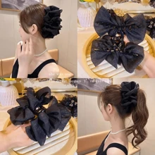 女士泡泡網蝴蝶結髮爪，大號髮爪夾捆髮簪，髮飾配件