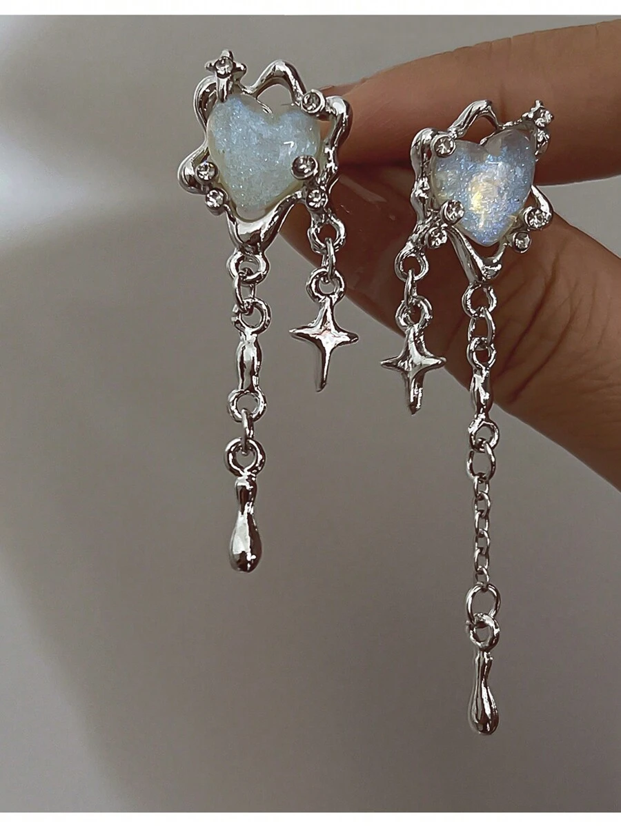 1pc Silver Ins Style Y2k Heart Four-pointed Star Tassel Earring For Women - Silver - View 1
