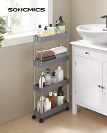 SONGMICS 4-Tier Slide Out Storage Cart, Slim Rolling Cart Wheels, Slim Storage Cart, Space-Saving Bathroom Storage, Kitchen, Narrow Shelf, 15.7 X 5.3 X 33.9 Inches, Gray - 灰色 - 查看 1