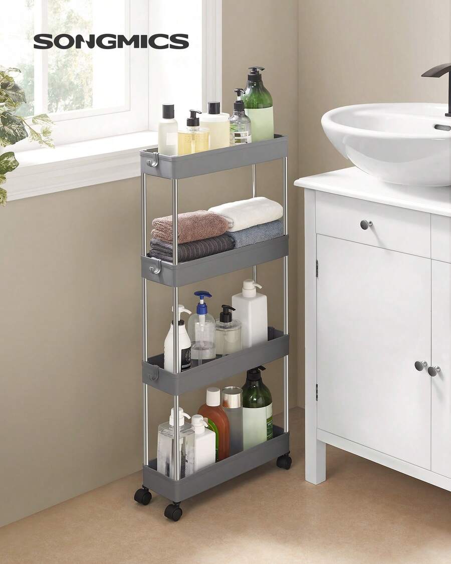 SONGMICS 4-Tier Slide Out Storage Cart, Slim Rolling Cart Wheels, Slim Storage Cart, Space-Saving Bathroom Storage, Kitchen, Narrow Shelf, 15.7 X 5.3 X 33.9 Inches, Gray - 灰色 - 查看 1