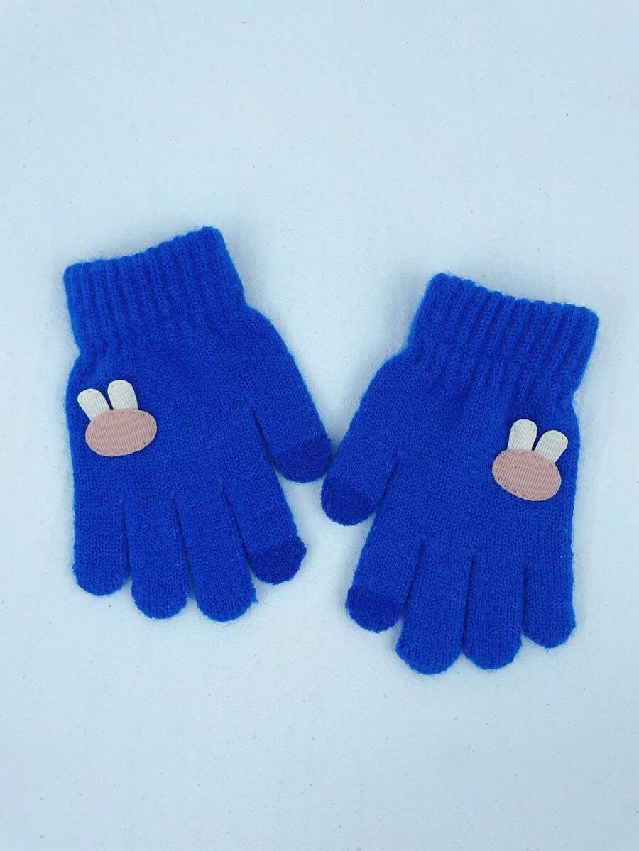 Kids' Winter Warm Knitted Gloves With Cartoon Rabbit Pattern, Boys' Girls' Woolen Mittens - Royal Blue - View 1