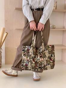 可爱粉色奶牛纹灯芯绒布包，饰有樱桃图案，冬季保暖，可手提或肩背 - 咖啡棕 - 查看 5