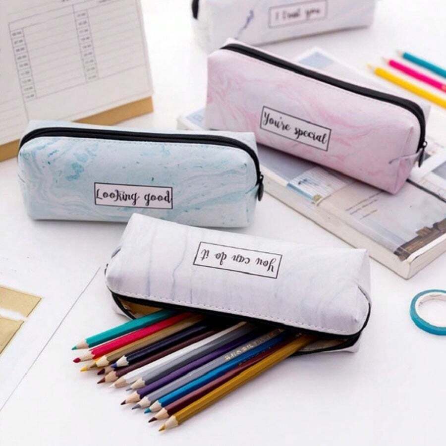 Minimalist Marble Pattern Student Pencil Case For Both Boys And Girls - Green - View 1