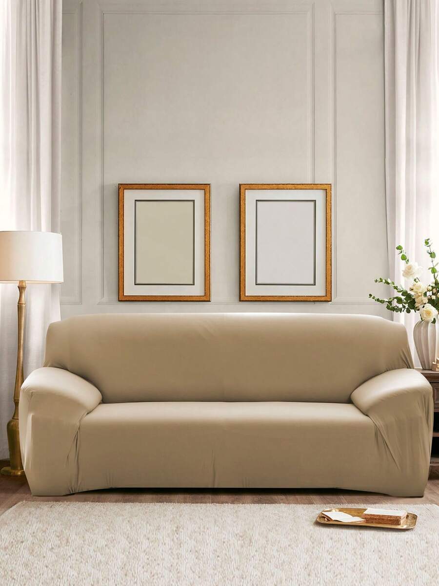 1pc Plain Stretchy Sofa Slipcover - Khaki - View 1