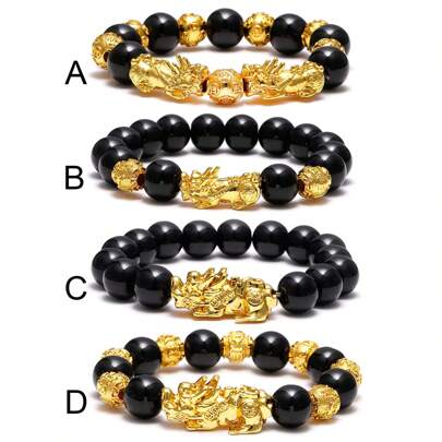 1入組風水黑曜石手鐲套裝-祈求好運徵龍幸運手鐲貔貅招財手鐲,男女皆宜