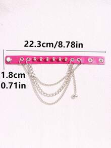 1pc Rose-red Harajuku Punk Style Rivet Chain Pu Leather Bracelet For Women - Hot Pink - View 5