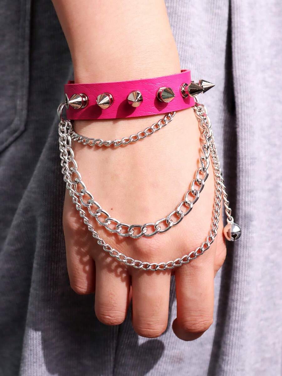 1pc Rose-red Harajuku Punk Style Rivet Chain Pu Leather Bracelet For Women - Hot Pink - View 1