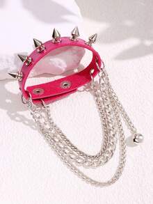 1pc Rose-red Harajuku Punk Style Rivet Chain Pu Leather Bracelet For Women - Hot Pink - View 6